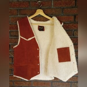 VTG Wrangler LEATHER Suede Vest | Orange Rust Brown | White Shearling Vintage